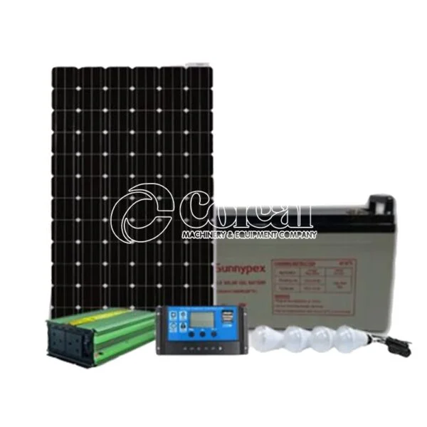 120W Solar panel + 100AH Battery + 300watts inverter + 10 Amp charge controller + 4 bulbs.