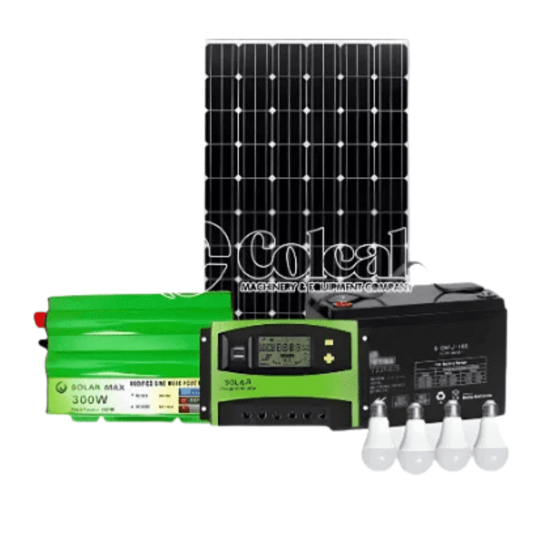 150w Solar panel + 120AH Battery + 300w inverter + 20 Amp solar controller + 4 Bulbs.