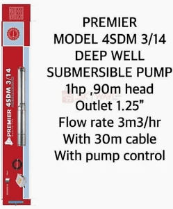 Premier Model 4sdm 3/7 Deep Well Submersible Pump 0.5hp 50m head Outlet 1.25″ Flowrate 3m3/hr Cable 30m with pump control box